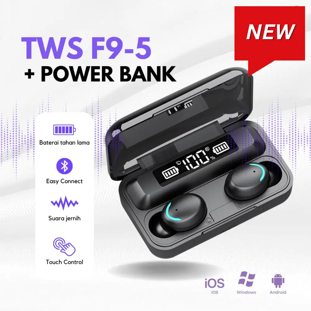[ 2 in 1 ] TWS Earphone F9-5 + Powerbank Suara Super Jernih