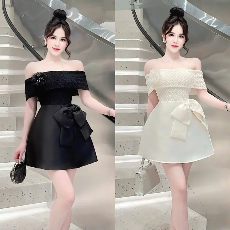 HĐ - Váy Thiết Kế Váy Dự Tiệc Tafta Phối Ren Trễ Vai Đính Nơ Eo Tặng Kèm Hoa Cài Có Quần Bảo Hộ V3249