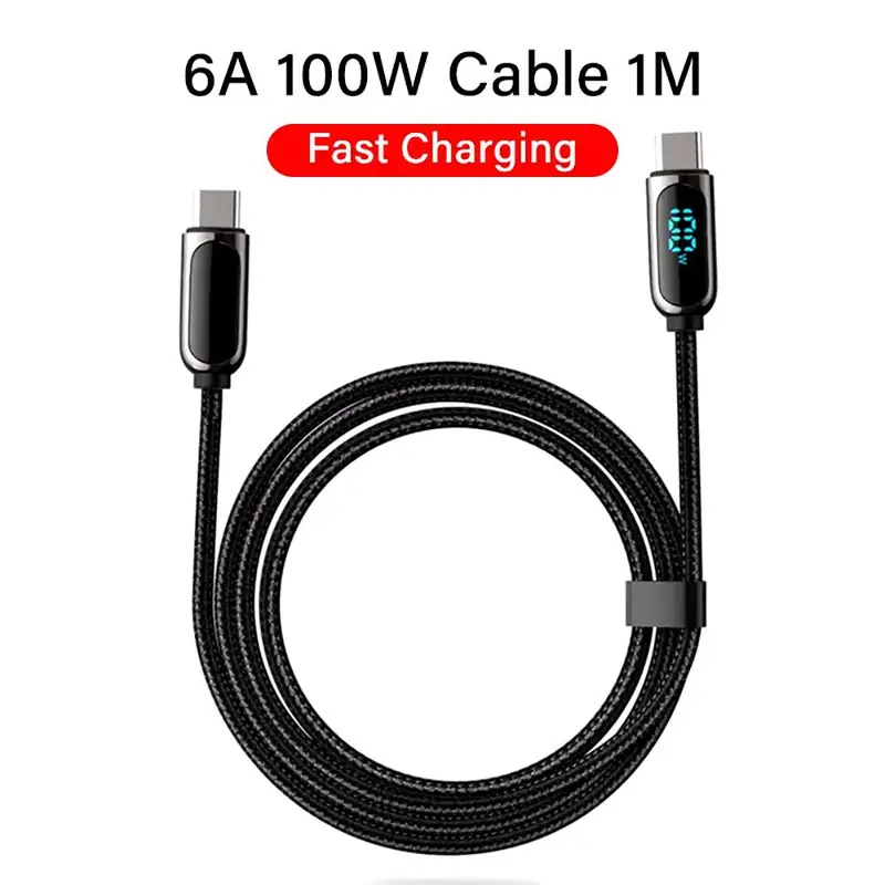 100W Fast Charging Data Cable, PD Type C To C LED Cable Fast Charging Cable With LED Digital Display For Huawei Xiaomi Redmi Laptop 6