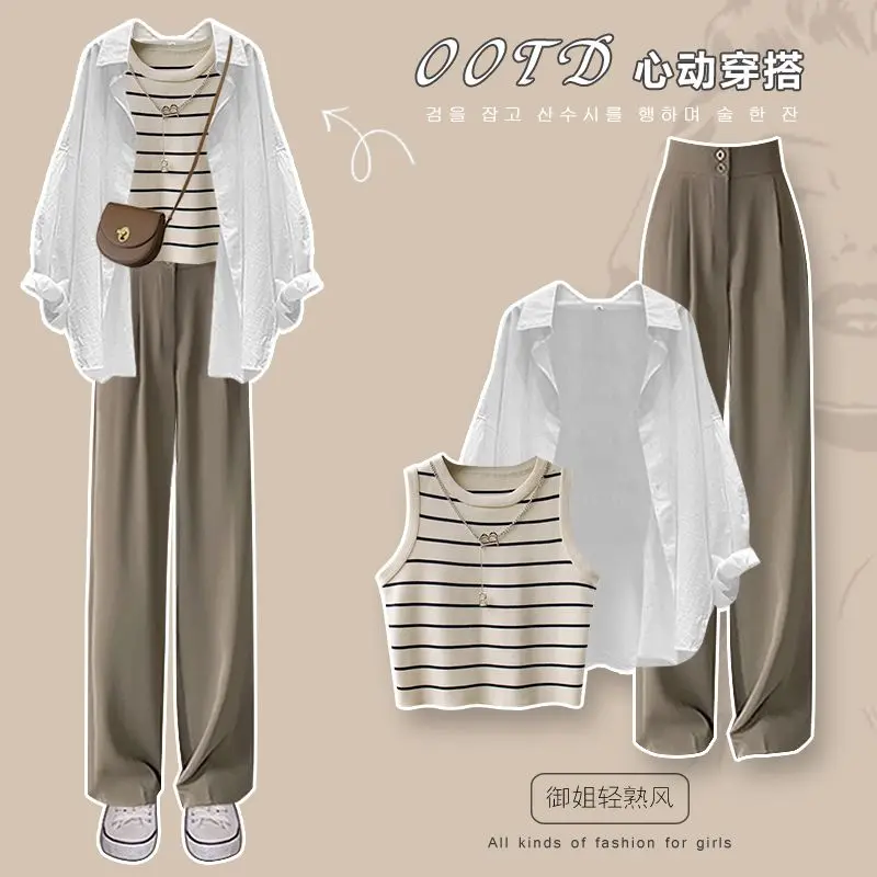 Quần Áo Nữ, Cỡ Lớn, Bộ Đồ Mùa Mùa Xuân, Áo Sơ Mi Thường Ngày Mới 2023, Áo Vest Dệt Kim, Quần Ống Rộng dễ phối đồ, Bộ Đồ Ba Mảnh, Thời Trang