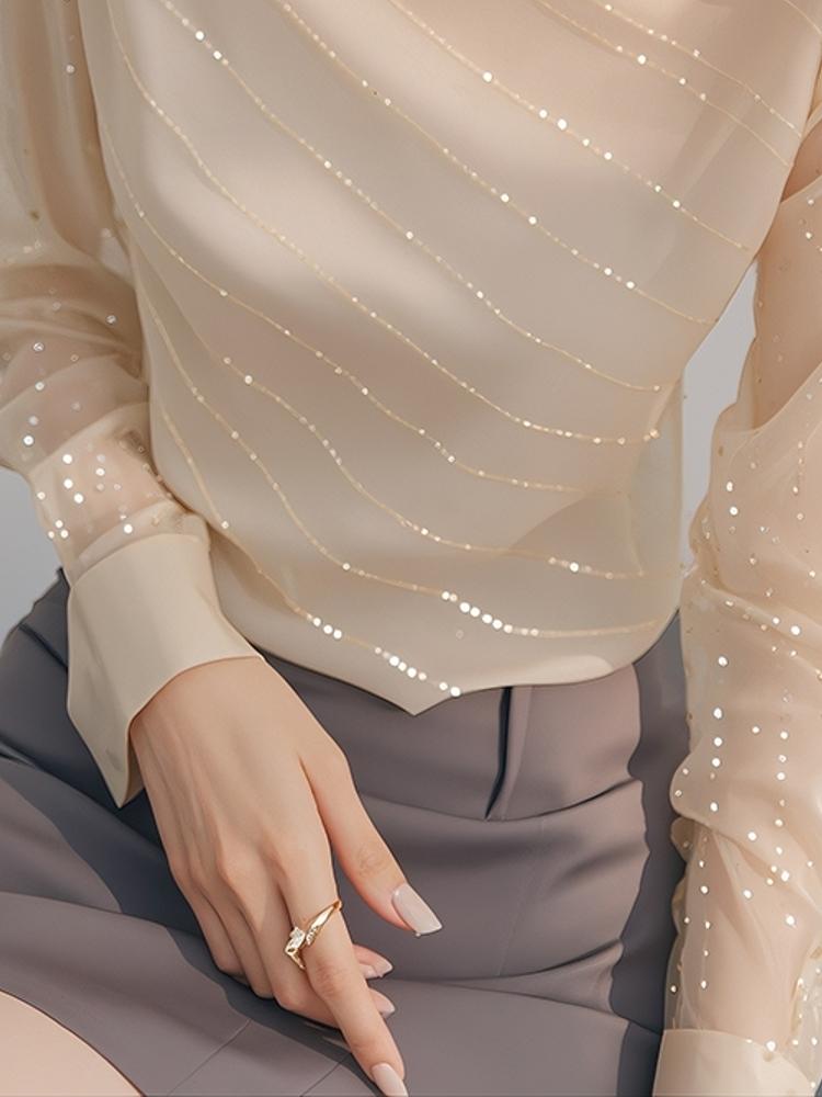 Product Introduction of Beautiful Blouse French Style Temperament Top Light Beige Sequined Long Sleeve Women's Shirts Womenswear Lingerie Comfort Basic Minimalist 12