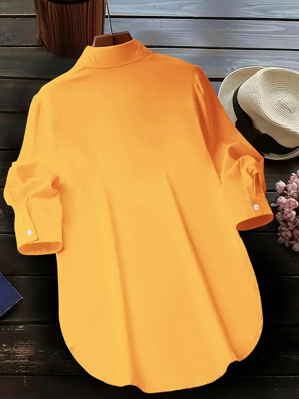 Women's Plain Button Front Shirt, Casual Curved Hem Long Sleeve Collared Top for Spring & Fall, Ladies Clothes for Daily Wear 1