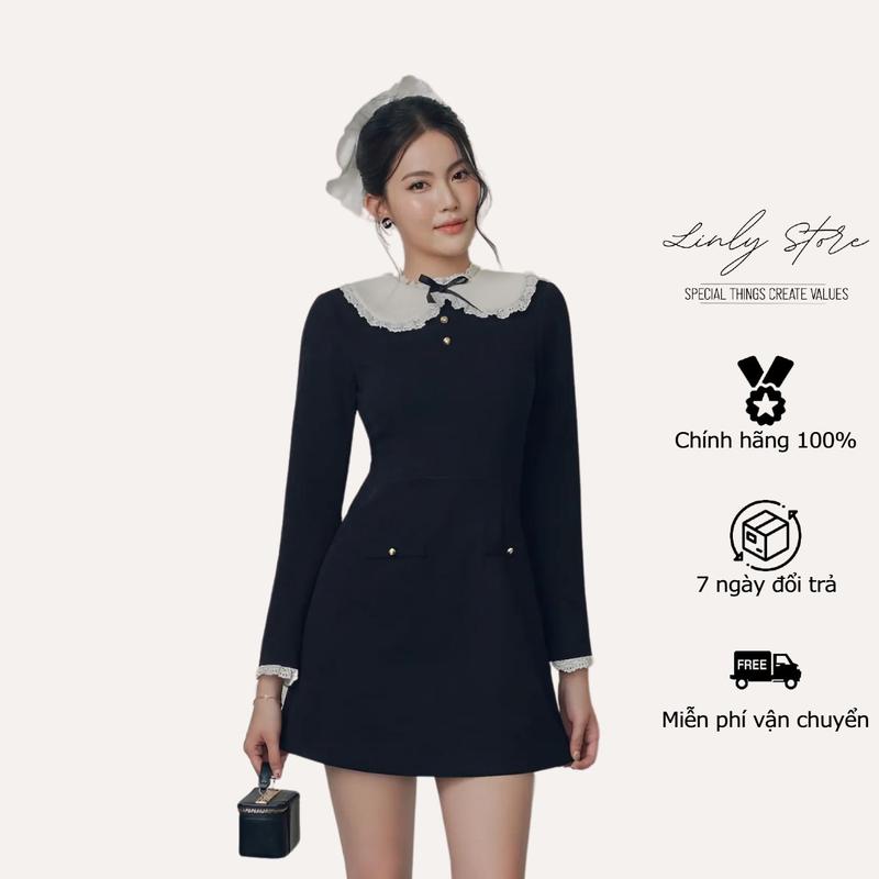 Váy len nữ dài tay cổ phối nơ, đầm kiểu tiểu thư dáng ngắn viền ren Linly Store V-VL3