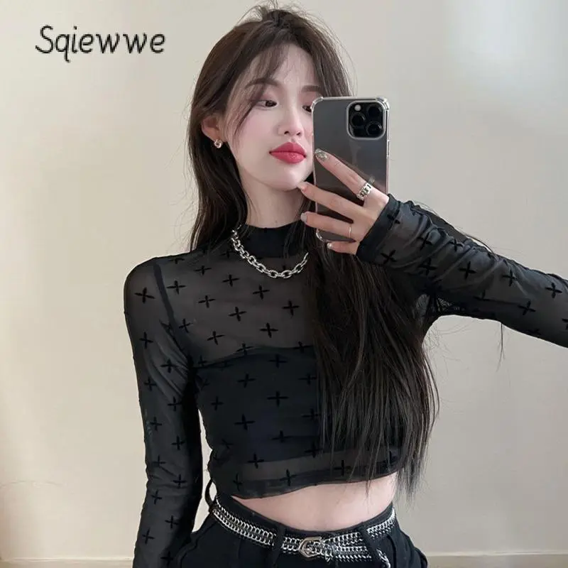 SS24 Women Crop Cover-Up Tops Cross Print Sheer Long Sleeve Shirt Casual Pullovers for Club Streetwear Aesthetic Clothes