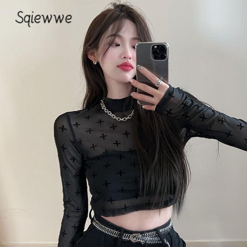SS24 Women Crop Cover-Up Tops Cross Print Sheer Long Sleeve Shirt Casual Pullovers for Club Streetwear Aesthetic Clothes 0