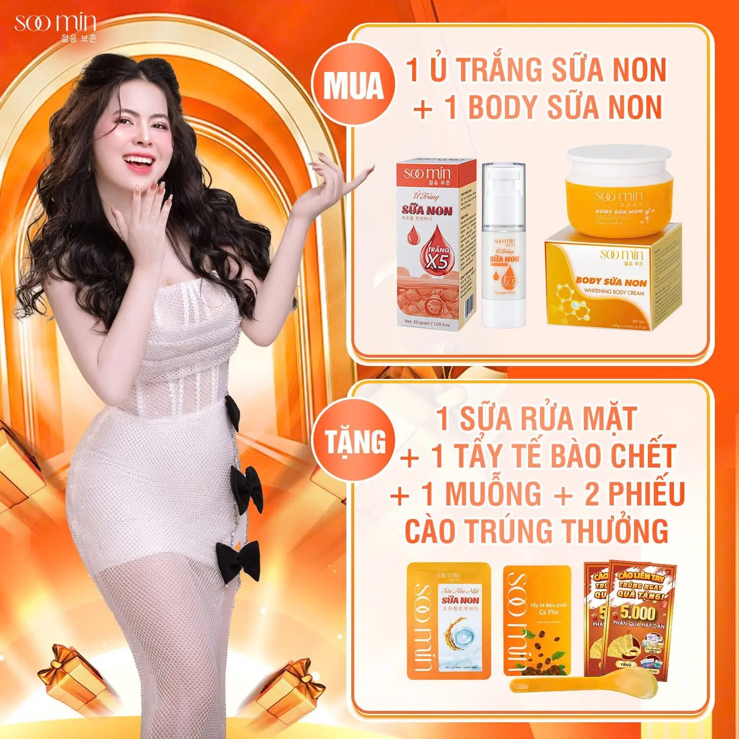 Combo Ủ Trắng Da Mặt Và Kem Body Sữa Non Soo Min Dưỡng Trắng Mịn Da