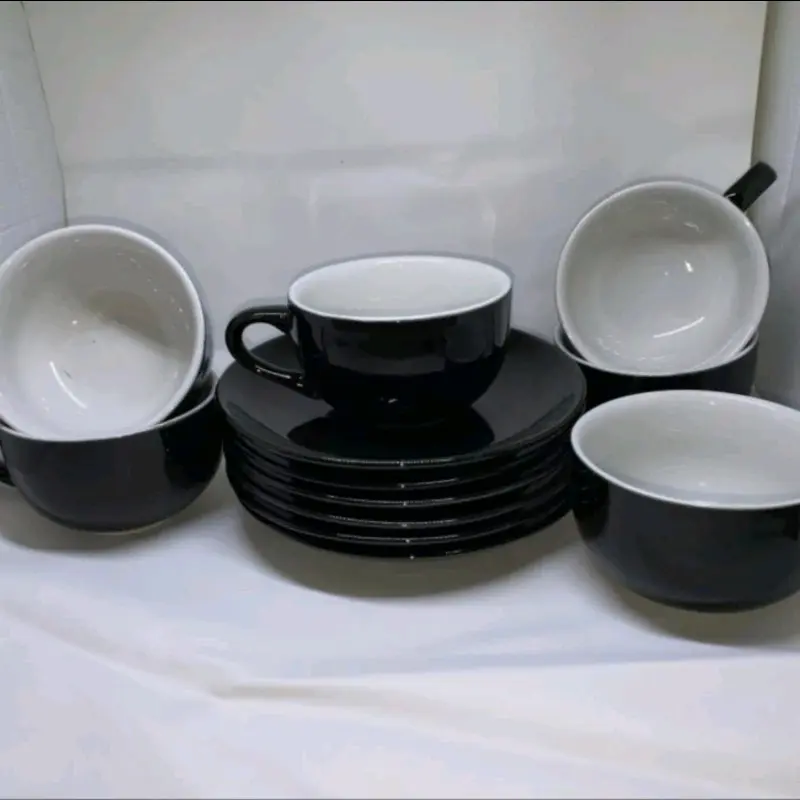 cangkir keramik kopi latte teh motif kpc hitam 1 set (1 gelas dan 1 tatakan) 0