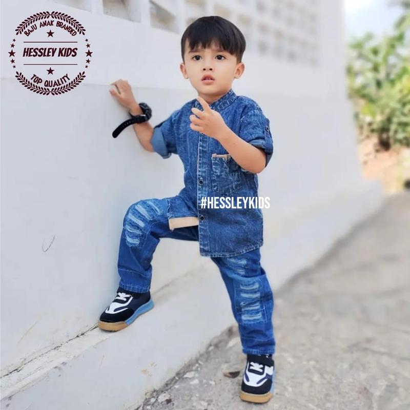 Setelan Jeans Kemeja Anak Laki Laki Usia 1-8 Tahun Lembut 0