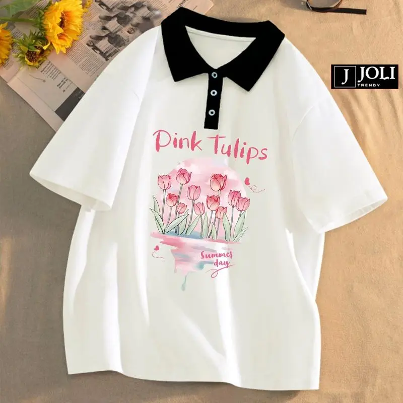 Áo Polo Nữ, Polo Unisex By JOLI Mã PL PinkTulips Form Rộng Tay Lỡ Cho Nam Nữ Top Cotton