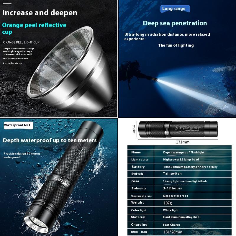 Đèn LED chuyên nghiệp Đèn pin lặn hợp kim nhôm Đèn pin chống thấm nước sâu có thể sạc lại Đèn lặn ngoài trời 2