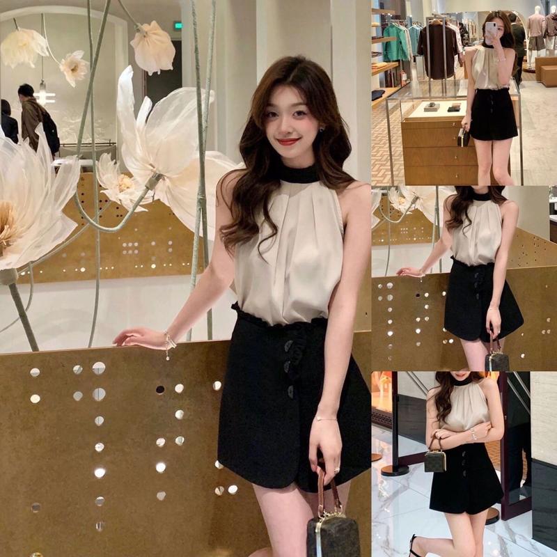 Set  Cổ Yếm ( chỉ còn áo)  siêu xinh cho các nàng đi chơi Tay ngắn. Tú linh Clothing Tay ngắn Áo Top Shirt Đầm Nữ Nhung Jacket 【 đơn   áo sơ mi trắng ở hàn quốc bộ  khỏe mạnh  ời trang botieuthu