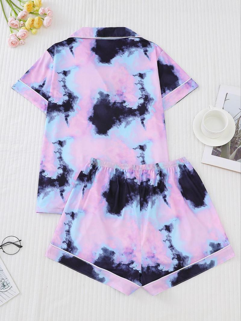Product Introduction of Women's Tie Dye Print Lapel Shirt & Elastic Waist Shorts Pyjama Set, Casual Button Front Short Sleeve Top & Shorts, Pajamas, Ladies Summer Sleepwear 19