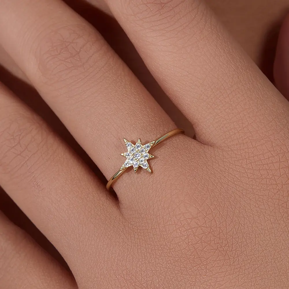 Silver 925 Jewelry Small Star Yellow Gold Pave Cubic Zirconia Rings