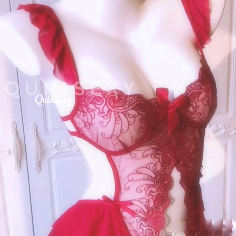 BS100 Bodysuit Ren Cánh Tiên Hai Dây Xẻ Đá y Quyến Rũ Dành cho Nữ - Đen/Trắng/Đỏ Viền Ren 7