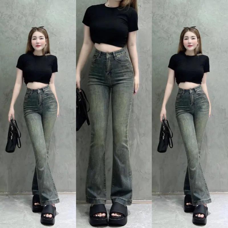 Quần jean nữ ống loe lưng cao dáng ôm skinny  quần bò nữ cạp cao ống loe gấu to màu xanh đen Women Pants Ong