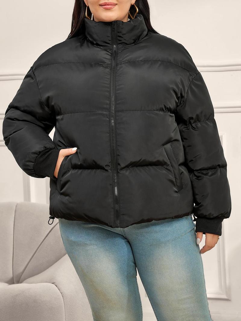 Product Introduction of CURVZY Plus Size Solid Pocket Zip Up Quilted Coat, Casual Long Sleeve Drop Shoulder Outerwear for Women, Women's Clothing for Winter 12