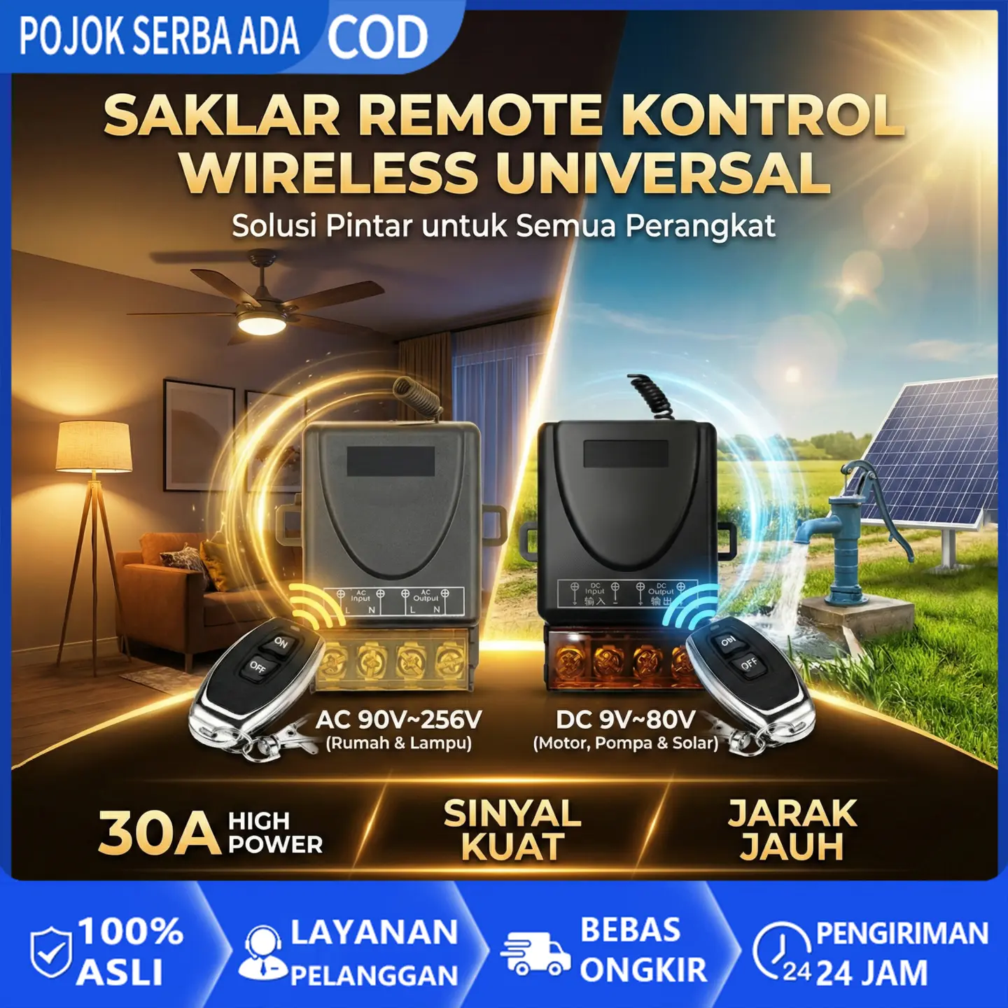 Saklar Remote Control Wireless Switch 30A High Power DC 9-80V AC 220V ...