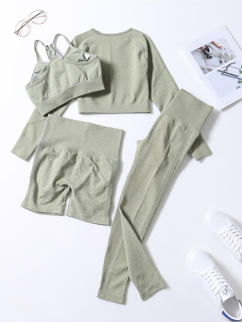 Product Introduction of Women's Solid Sports Bra & High Waist Leggings & Raglan Sleeve Crop Tee & Shorts Tracksuit Set, Sporty Breathable Adjustable Strap Sports Bra & High Stretch Yoga Leggings & Top & Shorts, Ladies Sportswear for Indoor Outdoor Wear, Gym Sets for Women 7