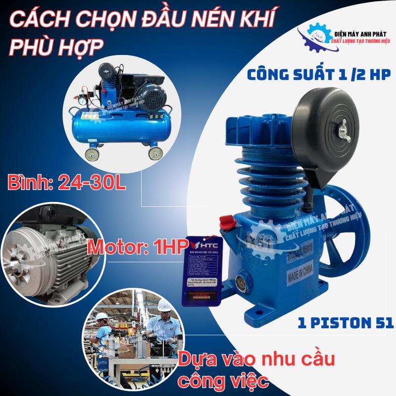 Đầu nén khí có dầu 2 Piston,3 Piston 51mm-65mm 1/2HP 1HP 2HP 3HP đầu máy hơi dây đai hiệu HTC