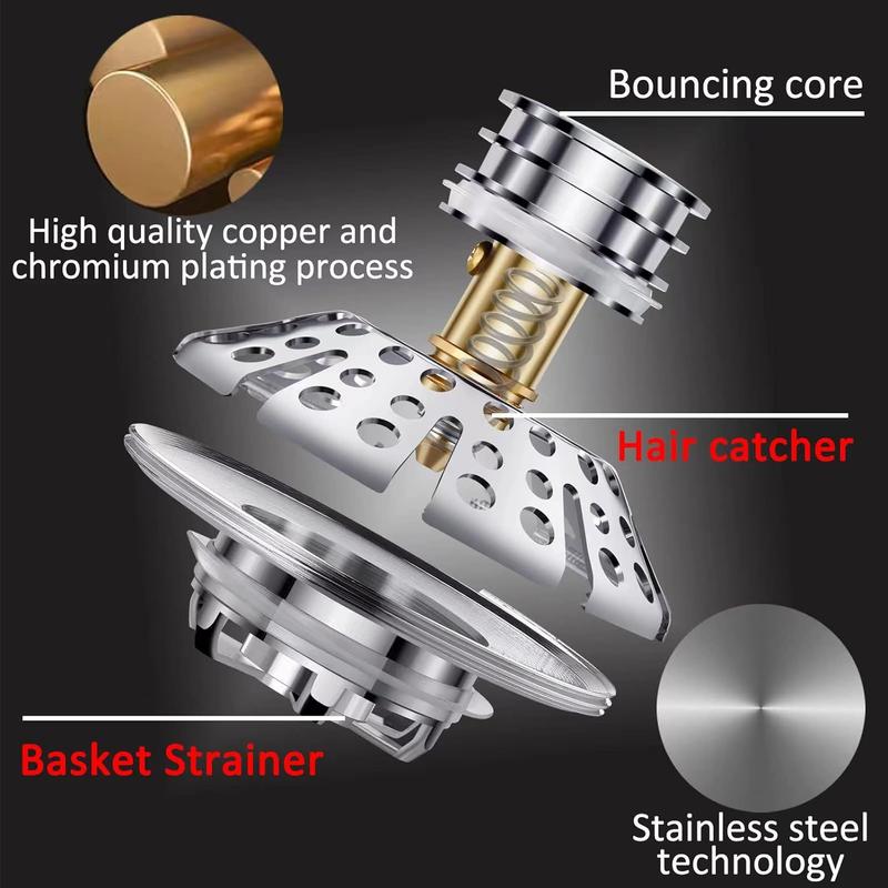 Bathroom Sink Drain Stopper, 3-in-1 Pop Up Tub Drain Hair Catcher, Drain Cover with Strainer for 1-3/8 To 2in Bath Drain Hole 5