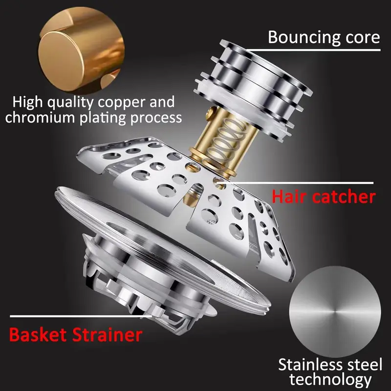Bathroom Sink Drain Stopper, 3-in-1 Pop Up Tub Drain Hair Catcher, Drain Cover with Strainer for 1-3/8 To 2in Bath Drain Hole 5