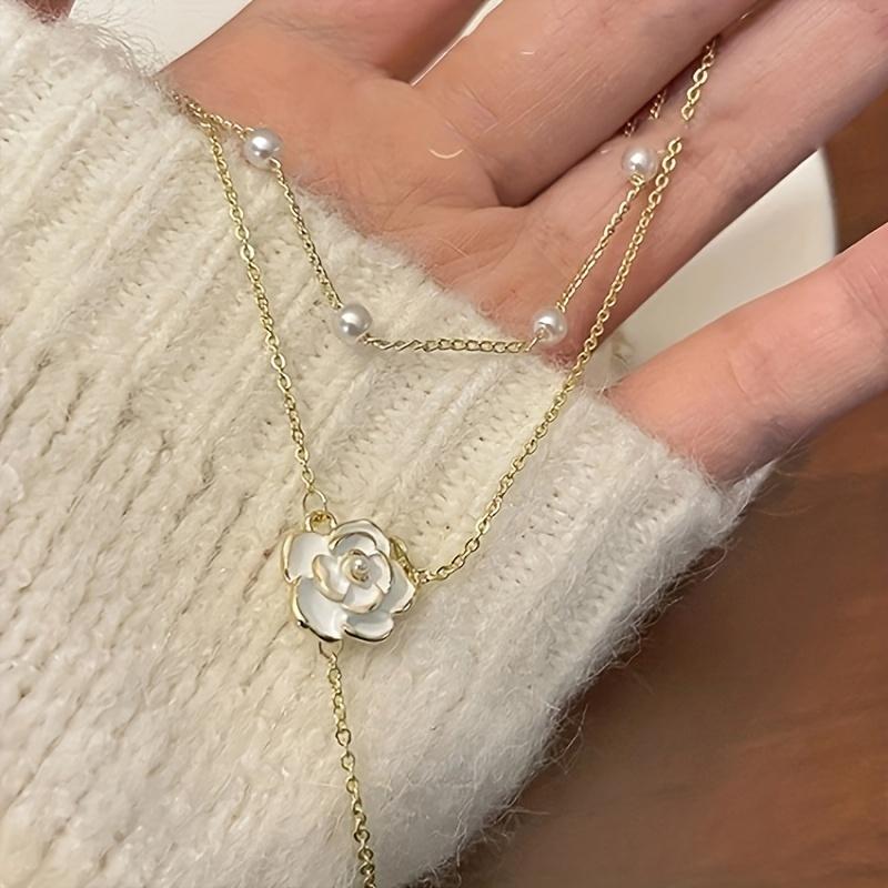 French Retro Elegant Design Camellia Fake Pearl Pendant - Classic Double Layer Necklace for Women'S Clavicle Chain Autumn/ Winter Fashion 6