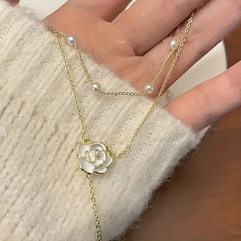 French Retro Elegant Design Camellia Fake Pearl Pendant - Classic Double Layer Necklace for Women'S Clavicle Chain Autumn/ Winter Fashion 6