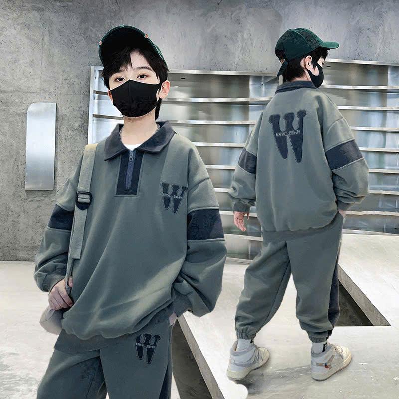  Bộ quần áo polo thu đông bé trai 15-46kg từ 6-14 tuổi mẫu CHỮ W - Bộ đồ thu đông bộ dài tay bé trai 