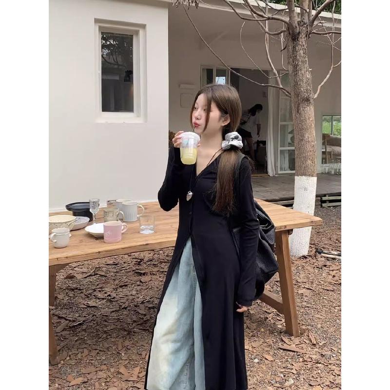 Product Introduction of Idle style V-neck long-sleeved cardigan single-breasted T-shirt skirt women's new fashionable elegant slim slimming mid-length top Casual Womenswear Dress Lingerie 5