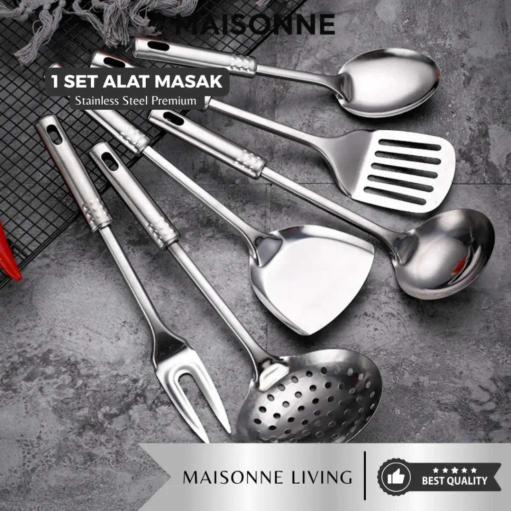 MAISONNE 1 Set Alat Masak Stainless Steel 6 PCS – Spatula Irus Sutil Garpu Sayur Wajan Soup Premium tahan karat set peralatan masak