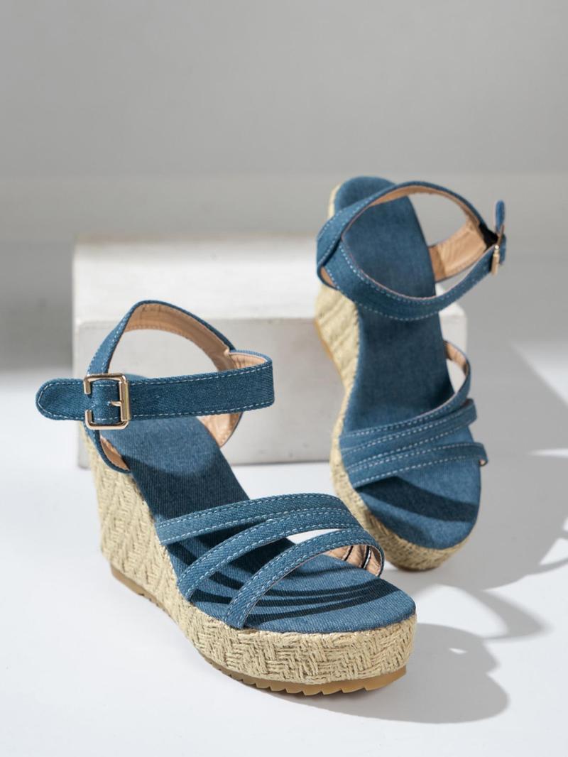 Product Introduction of Women's Fashionable Denim Design Espadrilles Wedge Sandals, Casual Comfortable Wedge Sandals for Summer, Lightweight Breathable Non-slip Sandals for Beach Vacation 5