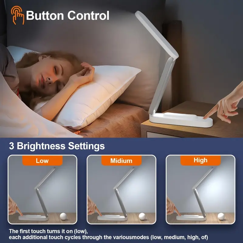 LED Desk Lamp, Rechargeable LED Desk Lamp with 3 Brightness Settings, Dimmable Indoor Reading Light, Cordless Button Control Light 6