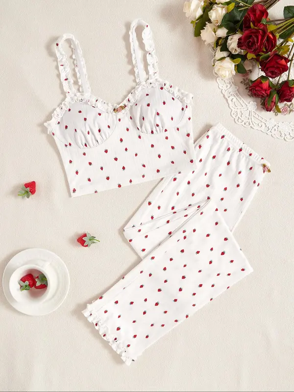 Frill Trim Backless Crop Cami Top & Elastic Waist Pants Pajama Set, Y2k Wear Streetwear Lady Comfort Sleeveless Top & Flower Decor Trousers Pj Set, Summer Wear 2024, Ladies Sleepwear Homewear, Lounge Sets, Pajama Sets 2 Piece Set for Girls, Grace Pyjamas 3