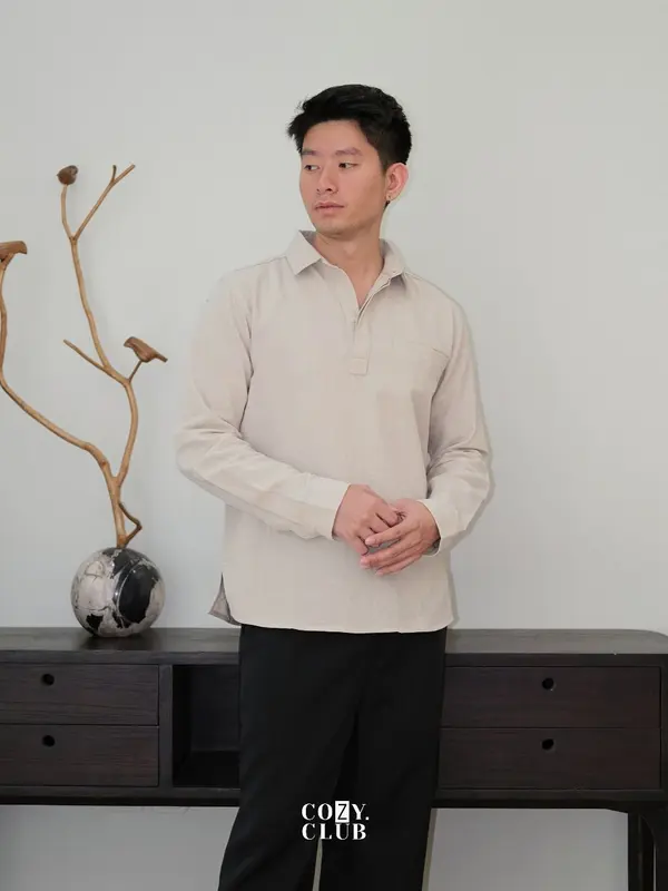 COZYCLUB Linen Longsleeve Polo | Kaos Kerah Pria Linen Lengan Panjang | 191 1