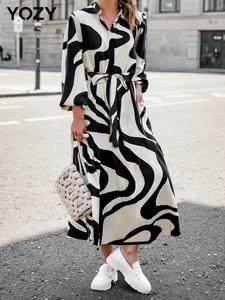 YOZY Women's All Over Print Belted A Line Dress, Casual Bishop Sleeve Notched Neck Long Sleeve Dress for Fall & Winter, Women's Clothing for Daily Wear