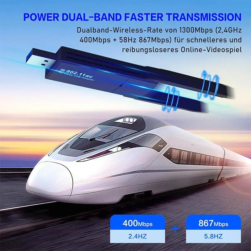 Wireless USB 1300Mbps Network Adapter, Desktop PC Wireless Adapter, PC WiFi Adapter with Built-in High-Gain Dual Band Antenna 4