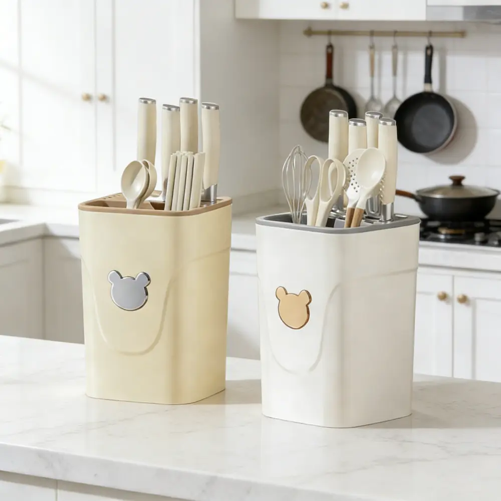 Blok Pisau Modern 13,5 cm Kayu PP Premium - Tempat Pisau Dapur, Holder Pisau Minimalis, Organizer Pisau Kayu, Set Peralatan Dapur Ergonomis, Gagang Pisau Ergonomis, Warna Cerah & Netral, Kualitas Terbaik untuk Kehidupan Sehari-hari