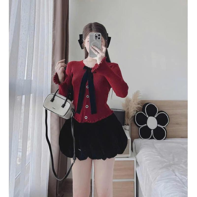 Product Introduction of Áo Len Thỏ Khuy Tim Phối Nơ Nhung Cổ V Tay Loe Xinh Xắn Women - ME0WSTORE 6