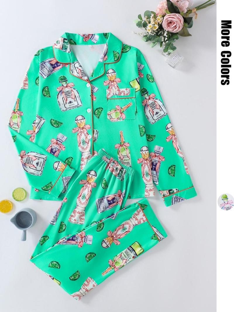 Product Introduction of Women's All Over Print Lapel Neck Button Front Pajama Two-piece Matching Set, Casual Long Sleeve Pocket Top & Elastic Waist Pants Pj Set, Casual Comfortable Sleepwear Set for Women, Nightwear, Pajama Sets 5