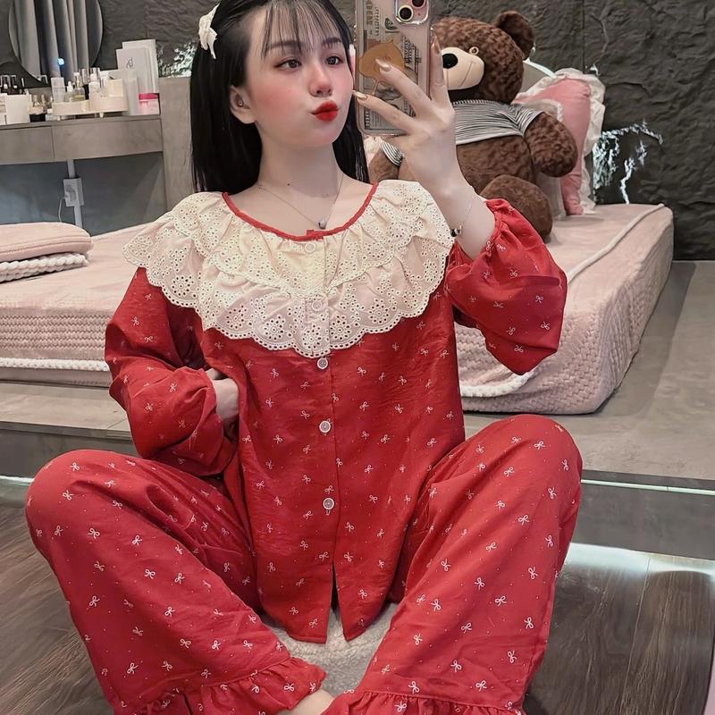 Đồ Bộ Nữ Chất Vải Đũi Hoa Nhí Đỏ , bộ pijama đũi tiểu thư , bộ ngủ thu đông freesize 40-60kg [ Tổng Hợp Mẫu ] Women Nhung Voi  Kem 2