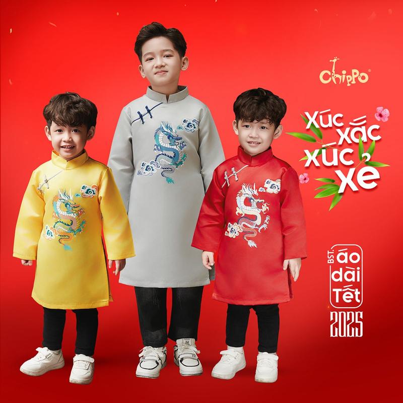 Áo dài tết dáng cách tân hình Rồng mây đón tết Chippo cho bé trai từ 3 đến 12 Tuổi(12-43Kg) Top