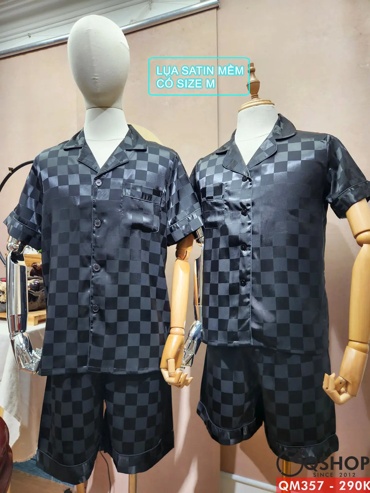 Bộ pijama cặp đôi quần ngắn lụa satin mềm mặc nhà mặc ngủ thoải mái sang trọng QSHOP QM357