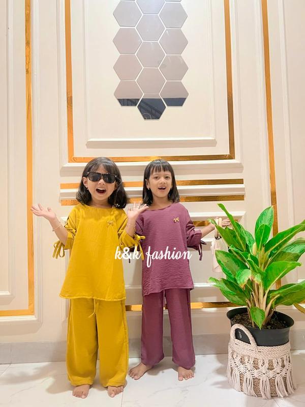 K&K FASHION/Setelan anak kekinian/set kids korea/Livina Set kids/setelan anak viral/Setelan terbaru/crinkle Air Flow/Setelan murah meriah/Lengan Serut/setelan lucu/modis/casual/bisa COD Polos Kids Celana Fashion Pakaian 1