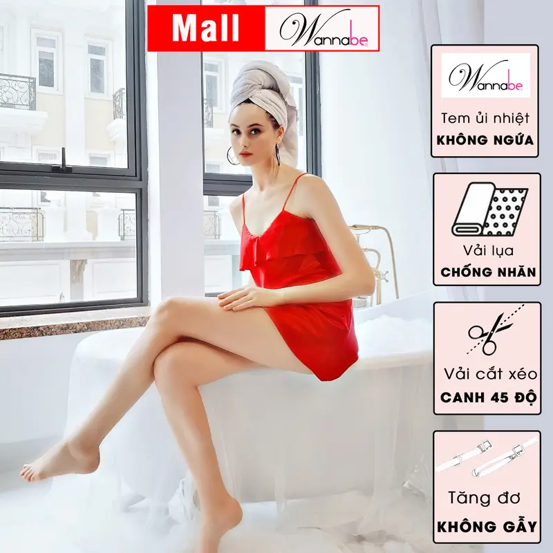 Đầm ngủ lụa WANNABE váy ngủ 2 dây phối bèo ngực che vòng 1 kín đáo nhưng vẫn nữ tính mang lại vẻ xinh tươi cho bạn gái Women Dress Kem Nhung dam ngu lua phi DNS05 1