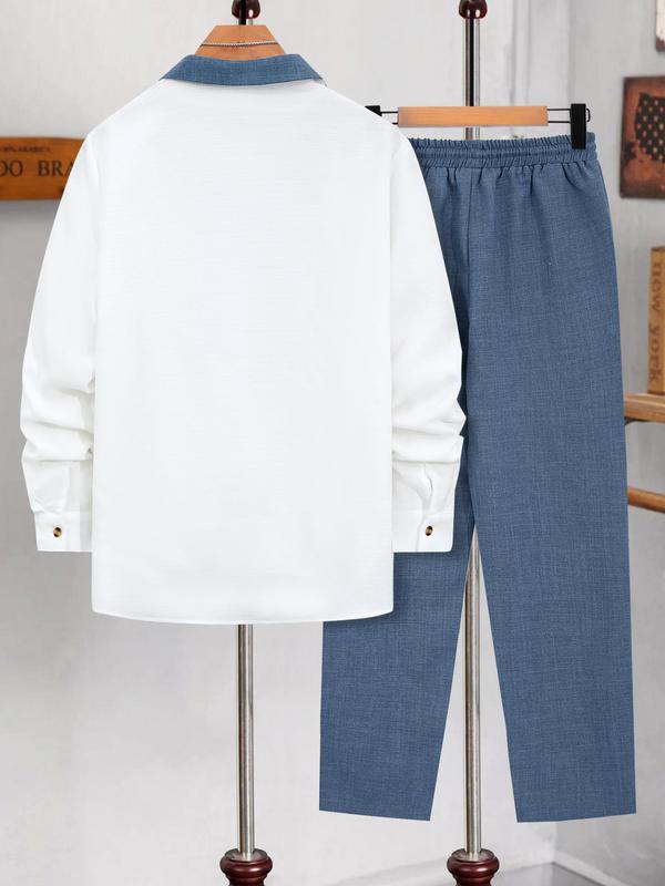 Men's Solid Button Front Longsleeves Shirt & Drawstring Waist Pants Set, Regular Fit Long Sleeve Lapel Neckline Top & Pocket Trousers, Casual Fashion Cozy Breathable Men Two-piece Outfits for Fall & Winter 8