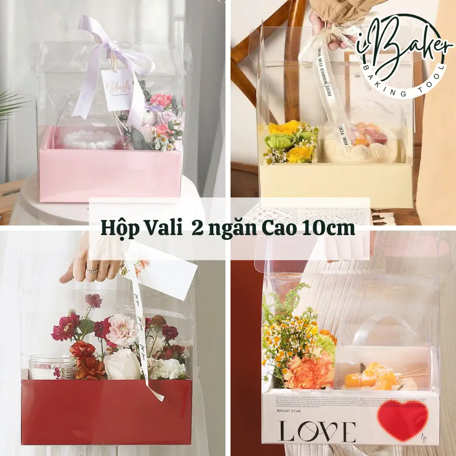 Hộp Mica Chữ Nhật 2 Ngăn Đựng Bánh + Hoa Cao 10cm - Nhiều Màu Mẫu Mới 2025