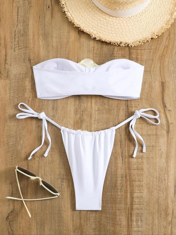 Two-Piece Set Women's Plain Appliques Knot Bandeau Bikini Set, Casual Strapless Swim Bra & Tie Side Swim Panty Set, Ladies Summer Swimwear for Beach Holiday Vacation 4