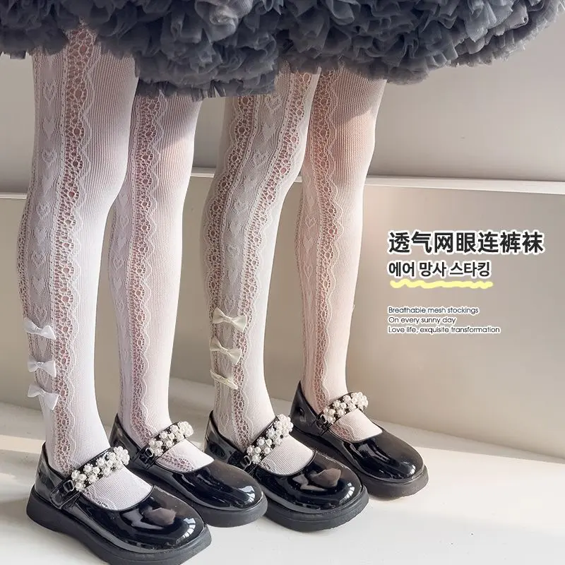 Summer Thin Children's Pantyhose Japanese Girls Lace Lolita Mesh Stockings Hollow Bow Princess Leggings