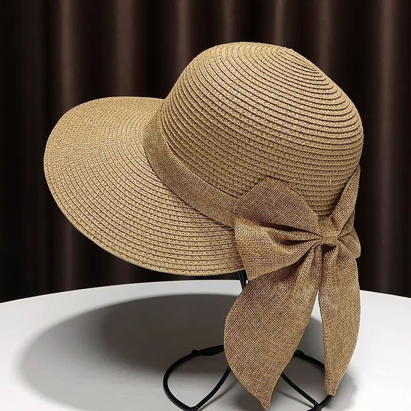Summer Straw Sun Hat for Women - Wide Brim Round Top Beach Hat with Bow Decoration, UV-Resistant Garden Style Fedora for Outdoor & Seaside Activities