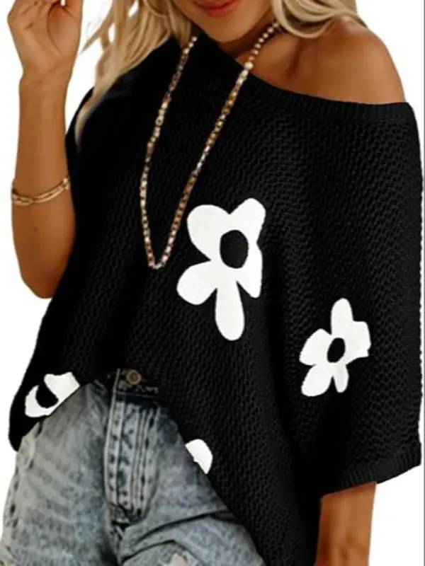 Women's Floral Pattern Crochet Sweater, Casual Half Sleeve Knit Top for Summer, Fashion Women's Knitwear for Daily Wear 3
